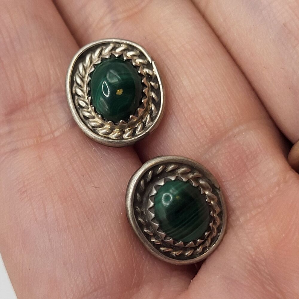 Vintage Malachite Sterling Silver Rope Wrap Style Stud Earrings 14mm 60$